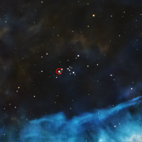 A cosmic image showing a dark background filled with stars, with a specific star circled in red.