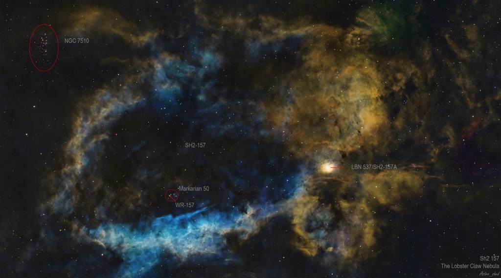 A colorful cosmic scene depicting the Lobster Claw Nebula with labeled astronomical objects including NGC 7510, SH2-157, Markarian 50, and WR-157.